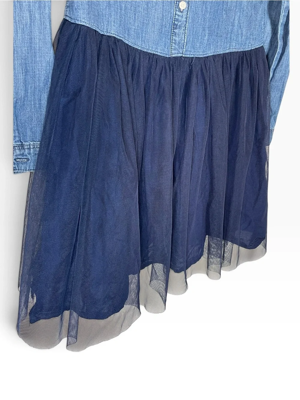 OshKosh Girls Denim Tulle Long Sleeve Button Down Shirt Dress Sz 14/14A